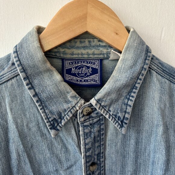 Hard Rock Cafe Denim Shirt Mens Large Blue Button Front Collared Embroidered VTG - Picture 3 of 6